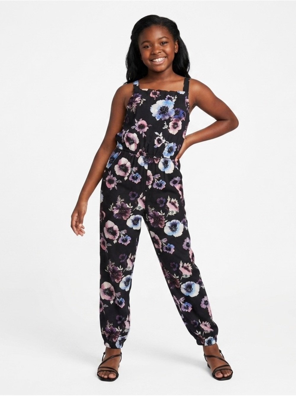 H&M Girls Black Floral Jumpsuit Romper Size 18